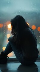 A woman sits by a window in a reflective mood with rain outside, soft lighting, and a close-up view