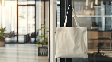 a bag  for mockup blank template hanging on a doorknob in the meeting room in the office with blur background