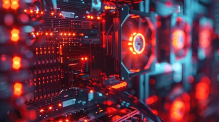 Fototapeta premium Cryptocurrency mining rig in operation, close view