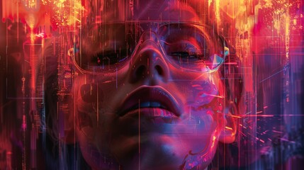 portrait of a beautiful woman with glasses in a cyberpunk style