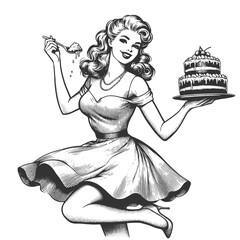 pin-up girl savoring a piece of cake encapsulating classic beauty and indulgence sketch engraving generative ai fictional character vector illustration. Scratch board imitation. Black and white image.