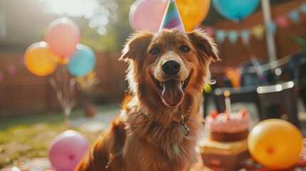 Happy Pet Dog with Birthday Cake and Colorful Balloons