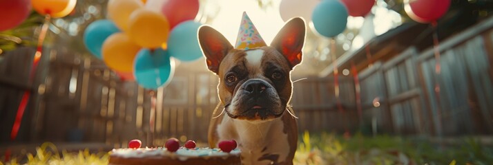 Happy Pet Dog with Birthday Cake and Colorful Balloons - obrazy, fototapety, plakaty