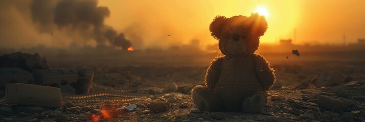 Abandoned Teddy Bear in War-Torn Landscape at Sunset