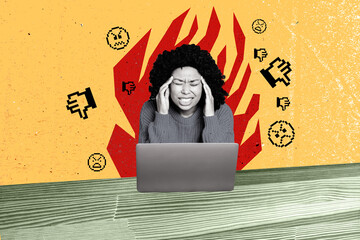 Composite photo collage of upset stressed american girl sit macbook haters abuse cyberbully dislike smiley isolated on painted background - obrazy, fototapety, plakaty