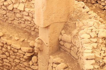 Pillar 27 in Enclosure C at the neolithic archaeological site of Göbekli Tepe, Potbelly Hill, showing a predator or cat on a t-shaped pillar hunting a boar, close to Sanliurfa, Turkey