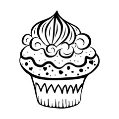 A cute cupcake with whipped cream on top, a black and white  cupcake icon, a pastry doodle, a cake sketch  