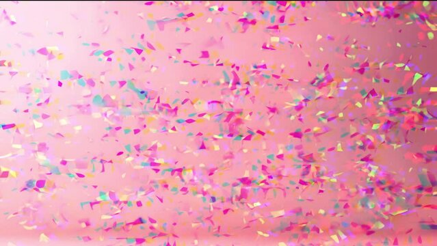 Pink confetti are falling. Decorative festive effect confetti explosion. Party vibes! Trendy, glam, modern looking, Multi-color ticker tape style confetti over background. Pastel soft pink and purple 