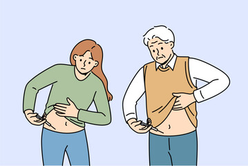 People with diabetes inject insulin into stomach to lower blood sugar levels and feel better. Diabetes problem in young woman and old man requiring regular doses of medication for hyperglycemia