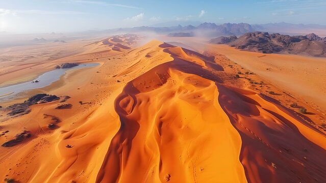 Scorching Heat and Barren Wilderness: A Desolate Landscape of Sand Dunes, Mirages, and Oasis Oasis. Concept Desert Photography, Hot Summer Sun, Arid Landscapes, Mirage Illusion, Distant Oasis