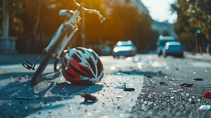 Traffic accident bicycle and helmet on the road after a car hit a cyclist
