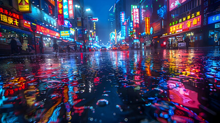 Obraz premium A street during a rainstorm, captured with HDR to enhance the reflection of city lights on the wet pavement and the dramatic dark sky