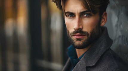 Fototapeta premium Portrait of a handsome man with a serious expression and a beard, Generative AI