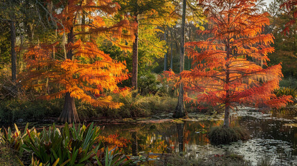 vibrant colors of autumn foliage as Bald Cypress trees display their fiery red and orange hues against a backdrop of lush greenery,