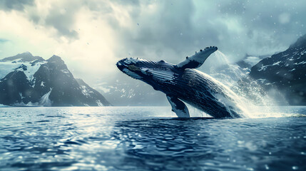 Fototapeta premium A whale wildlife jumping out of water in ocean 