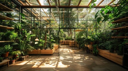 A photo of a beautiful sunlit greenhouse filled with lush green plants and flowers.