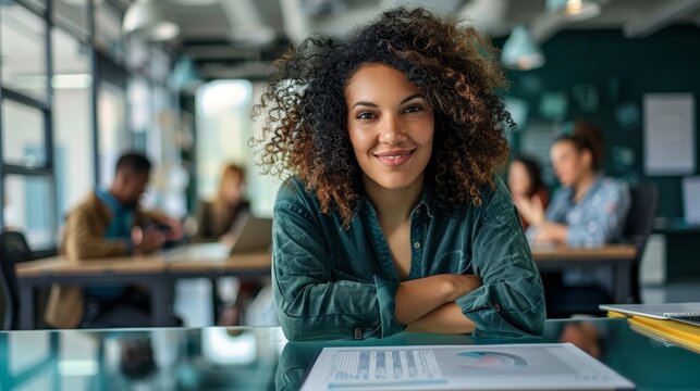 Woman icon leading a tech startup, brainstorming with team, innovative and modern office