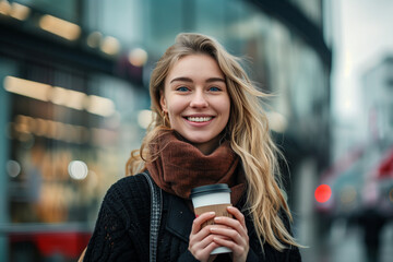 urban shot a European female model, 30 years old, radiating sophistication and charm, captured in a full-body shot with a genuine smile, gracefully holding a takeaway coffee amidst