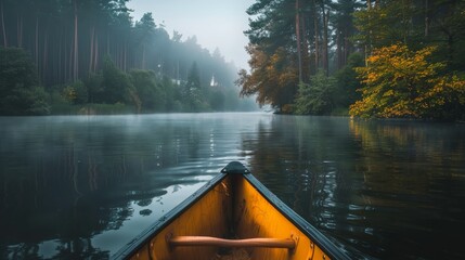 canoeing down a misty river - obrazy, fototapety, plakaty