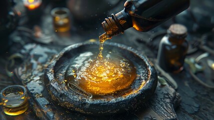 A dark fantasy magic potion being poured from a bottle into a stone bowl. - obrazy, fototapety, plakaty
