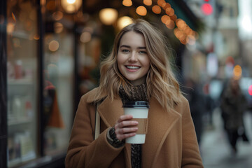 full-body shot of an elegant European female model, aged 30, exuding confidence and warmth with a natural smile while holding a takeaway coffee against the backdrop of a vibrant bi