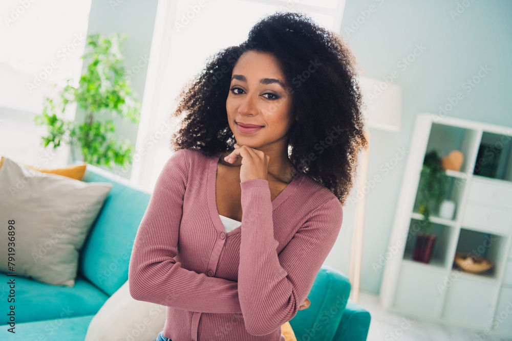 Sticker Photo of adorable thoughtful lady dressed pink cardigan smiling hand arm chin indoors house room