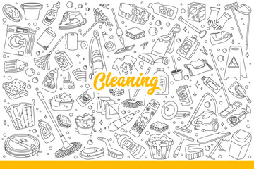 Apartment cleaning equipment and chemicals for washing or stain removal. Brushes and mops near robot vacuum cleaner for maid or housewife doing cleaning in house or hotel room. Hand drawn doodle