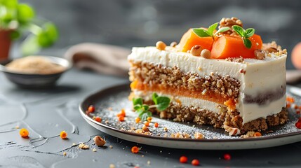 Vegan raw carrot cake healthy food grey stone background