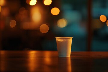 atmospheric photo of the ambiance of the coffee takeaway culture, with a minimalistic blurry background that accentuates the prominence of the takeaway cup, inviting viewers to sav