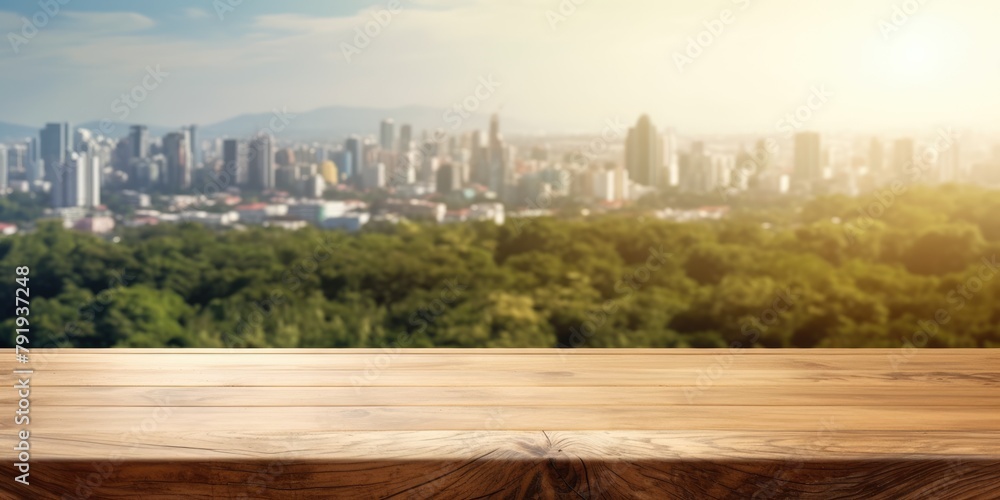 Poster the empty wooden table top with blur background of nature skyline. exuberant image. generative ai