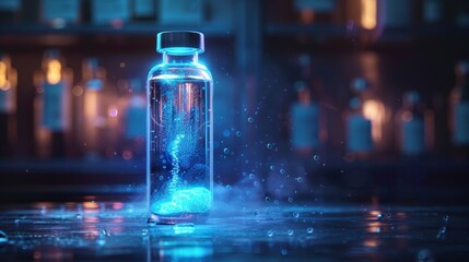 Vial of glowing blue liquid on a reflective surface. - obrazy, fototapety, plakaty