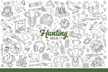 Hunting accessories and wild animals near guns for professional hunters. Set of equipment and clothing for trip to forest for sport hunting for predatory beasts and birds. Hand drawn doodle - 791937280