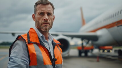 A man in an orange vest stands in front of an airplane
