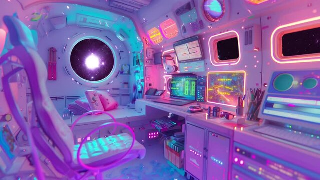 cute pink and red space station space ship interior with view of planets & nebula manga neon for obs livestream overlays animated seamless loop