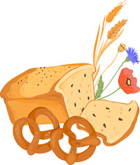 Baked bread and pretzels with wheat ears and field flowers. Isolated bakery products image for bakehouse or shop, flour packs.