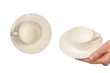 Ceramic white coffee cup and saucer isolated on white background.