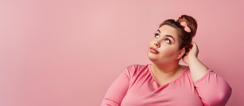 A portrait of fat woman wearing pink t-shirt, in thinking emotion, empty space or copyspace editable 