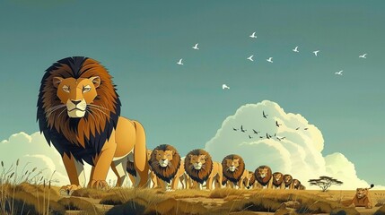A human with a lion s mane leads a pride of lions and humans on a hunt, their teamwork ensuring everyone s survival ,