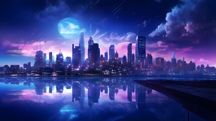 panoramic view of the night city with reflection in the water