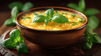 A bowl of soup with basil leaves on top and a spoon, AI