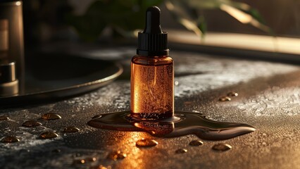 Close-up of a dropper bottle with a black lid on a reflective surface with water droplets. The bottle is labeled with a black label.