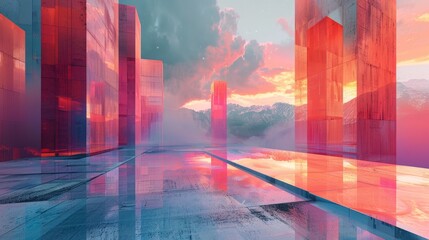 Pink and blue futuristic cityscape with mountains in the distance