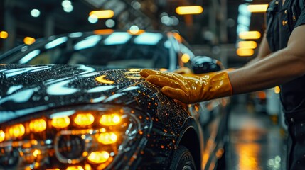 bustling car detailing station with technicians meticulously applying ceramic coating to a high-end sedan, capturing the reflection of ambient lights on its glossy surface