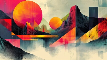 A painting of a mountain landscape with a river running through it. The sky is a bright orange and the mountains are a deep blue. The painting is done in a geometric style with bright colors and sharp