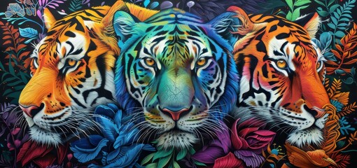 Three tigers with colorful fur made of flowers and plants.