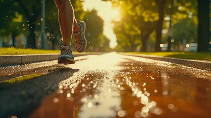 jogging in the park, legs close-up, cinematic, realistic, high detail, summer, asphalt. natural lighting - obrazy, fototapety, plakaty