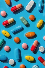 Variety of Medication Pills on a Bright Blue Background