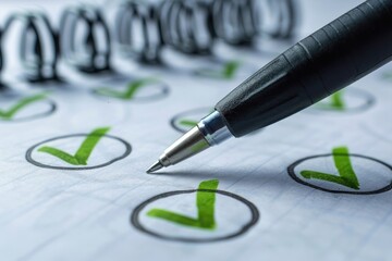 Checklist Completion: Pen Ticking Off Green Check Marks - obrazy, fototapety, plakaty