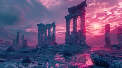 The ruins of an ancient temple, bathed in the light of a setting sun.
