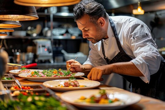 Close-up of a chef applying final garnishes to an elaborate dish, showcasing culinary artistry and attention to detail